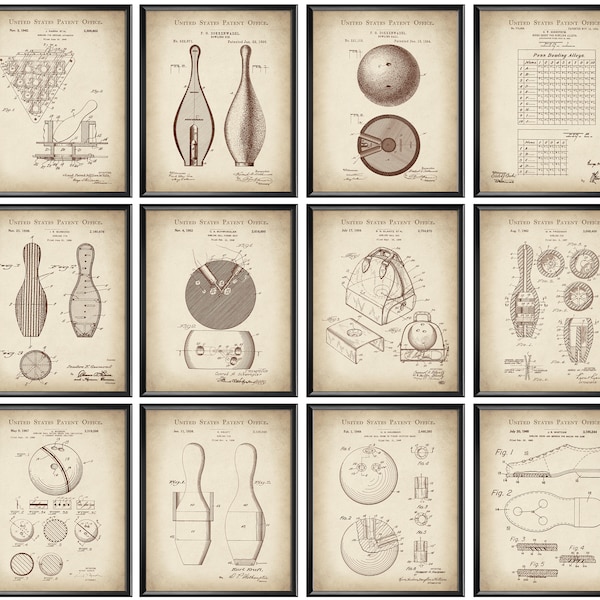 12 Bowling Patent Art Sports Blueprint Decor Bowling Ball Patent Bowling Pin Patent Bowling Gift Bowling League Fan Home Wall Decor