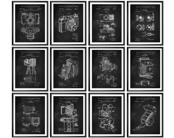 12 Vintage Camera Patent Posters, Chalkboard Art, Photographic Camera Blueprint, Photography Art, Folding Camera Art, Photo Salon Decor