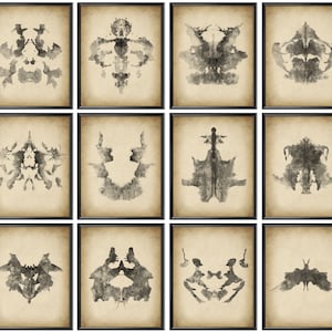 12 Disegni di prova antichi di Rorschach Inkblot, carte di Rorschach, acquerello arte astratta, regalo dello psicologo, decorazione dello studio medico, arte psichiatrica