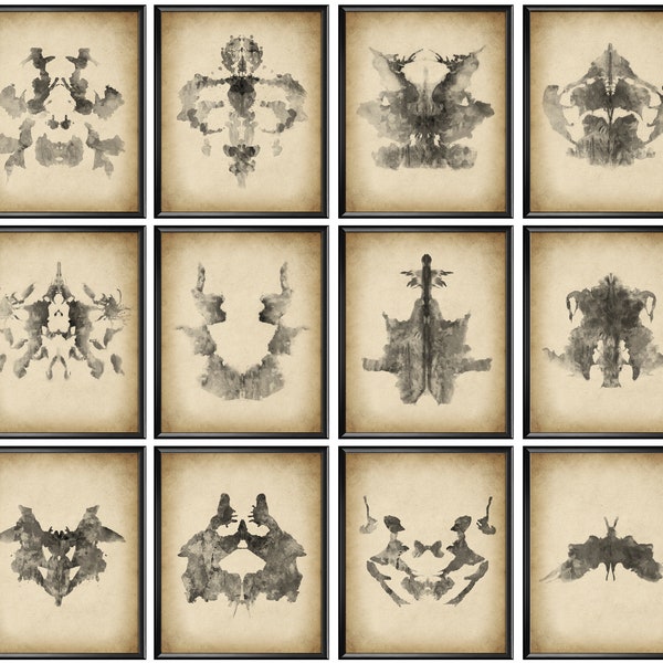 12 Antique Rorschach Inkblot Test Drawings, Rorschach Cards, Watercolor Abstract Art, Psychologist Gift, Doctor Office Decor, Psychiatry Art