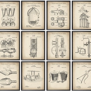 May include: A set of 12 vintage-style black and white illustrations of different machinery. The illustrations are framed in black frames and have a beige background. Each illustration includes the text "United States Patent Office".