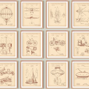 Conjunto de patentes de transporte de 12, Vintage Blueprint, US Patent, Balloon Patent, Sailboat Patent, Cycle Patent, Airplane Patent Blueprint Art