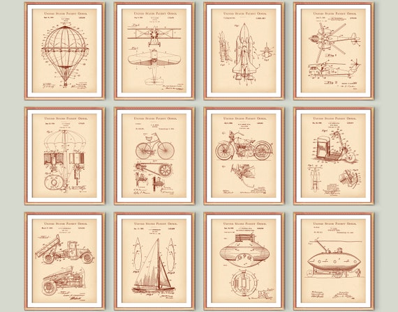Transportation Patent Set of 12, Vintage Blueprint, US Patent, Balloon Patent, Sailboat Patent, Cycle Patent, Airplane Patent Blueprint Art