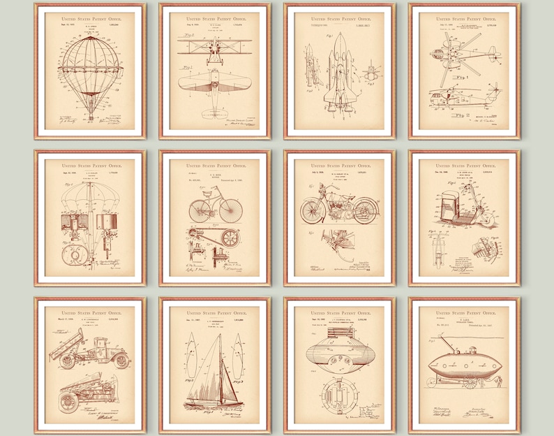 May include: A set of 12 vintage-style patent drawings featuring various inventions, including a hot air balloon, airplane, rocket, helicopter, parachute, bicycle, motorcycle, scooter, truck, sailboat, submarine, and a submersible. The drawings are in a brown ink on a cream-colored background.