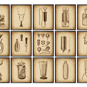 May include: A set of 12 vintage medical illustrations in black and white, framed in black, with a beige background. The illustrations depict various medical tools and equipment, including a stethoscope, a syringe, a microscope, a funnel, a bottle, a measuring cup, and a pair of scissors.