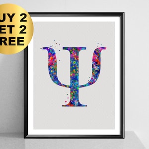 Op de afbeelding: Een kleurrijk aquarel schilderij van de Griekse letter Psi, een symbool dat vaak wordt geassocieerd met psychologie.