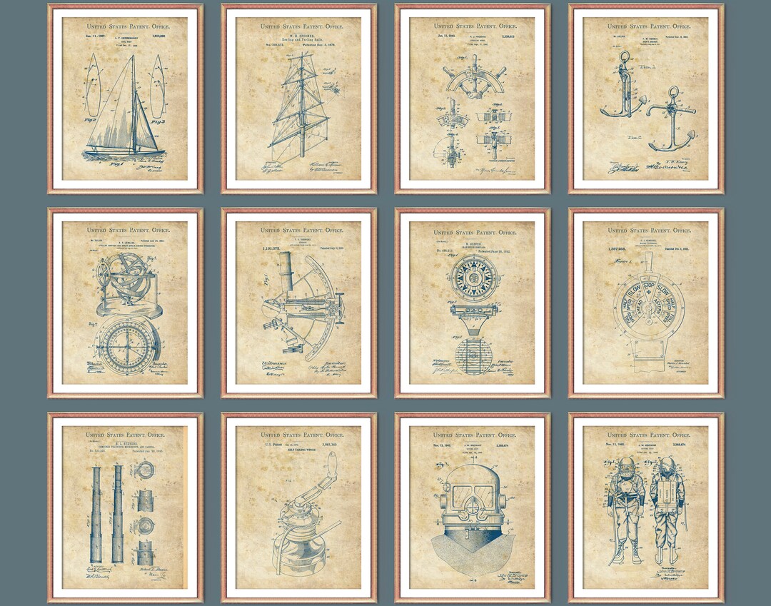 12 Nautical Patent Art, Sailing Art, Blueprint Decor, Yacht Patent ...