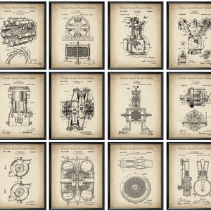 12 Mechaniker Geschenk Motor Typen Blaupause Gas Motor Patent Drehmotor Flugzeug Turbine Elektromotor Patent Kunst Garage Decor