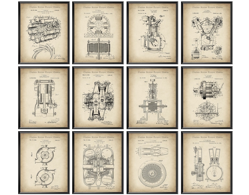 May include: A set of 12 vintage-style black and white illustrations of different engine designs. Each illustration is framed with a black border and has the text "United States Patent Office" at the top.