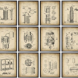 12 Whisky-Ausrüstung Patentplakate Whisky-Still Blueprint Vintage Erfindung Whisky-Herstellungs-Vorrichtung Hauswanddekor Bar-Wanddekor
