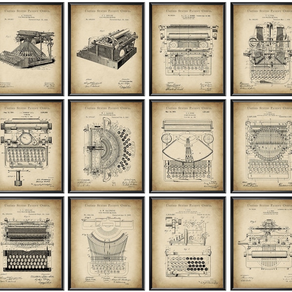 12 Antique Typewriter Patent Posters Blueprint Wall Decor Type Writing Equipment Office Decor Gift for Boss Gift for Writer Book Store Decor