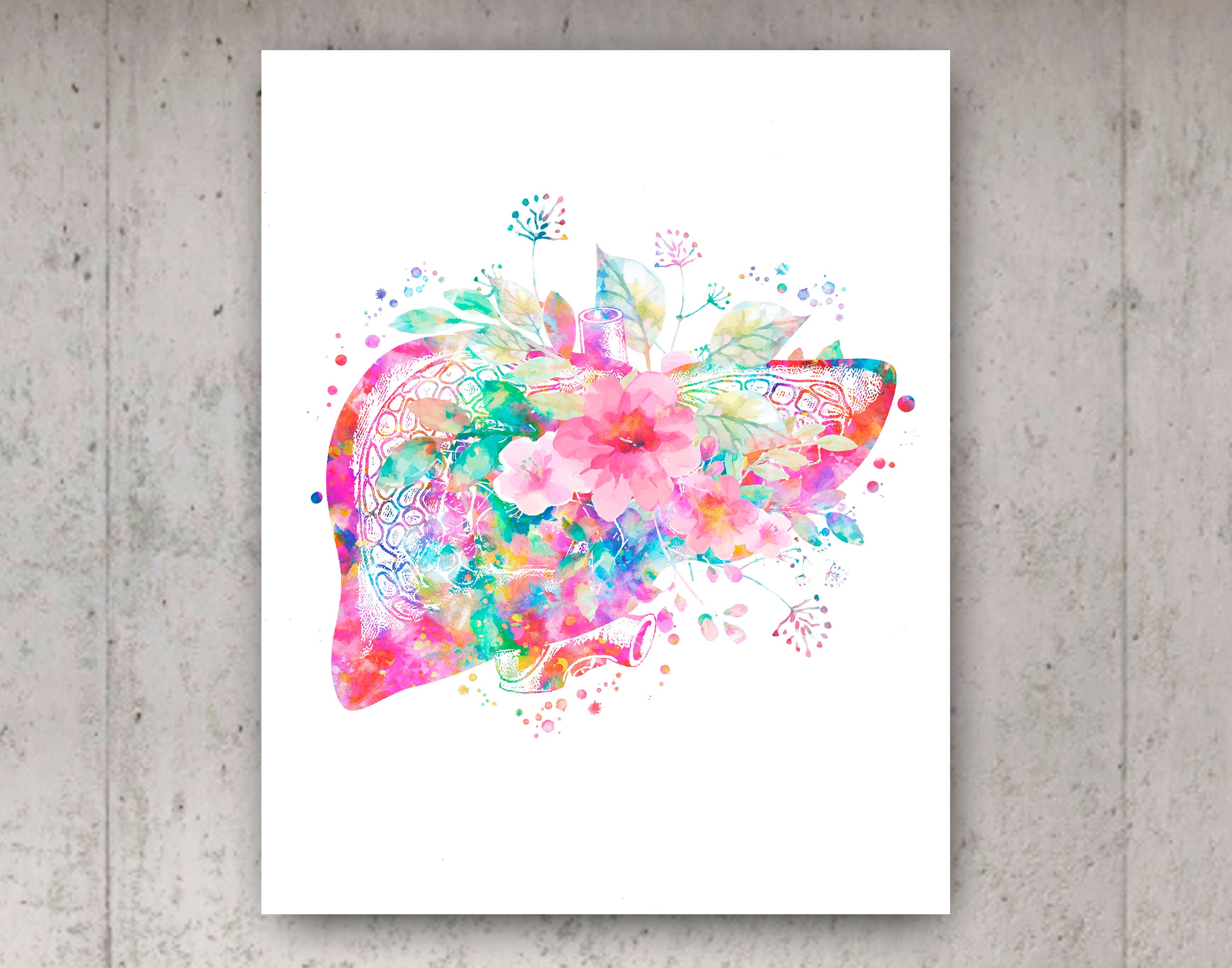 Floral Anatomy Print Set of 8 Watercolor Brain Heart Lungs Kidney Liver ...