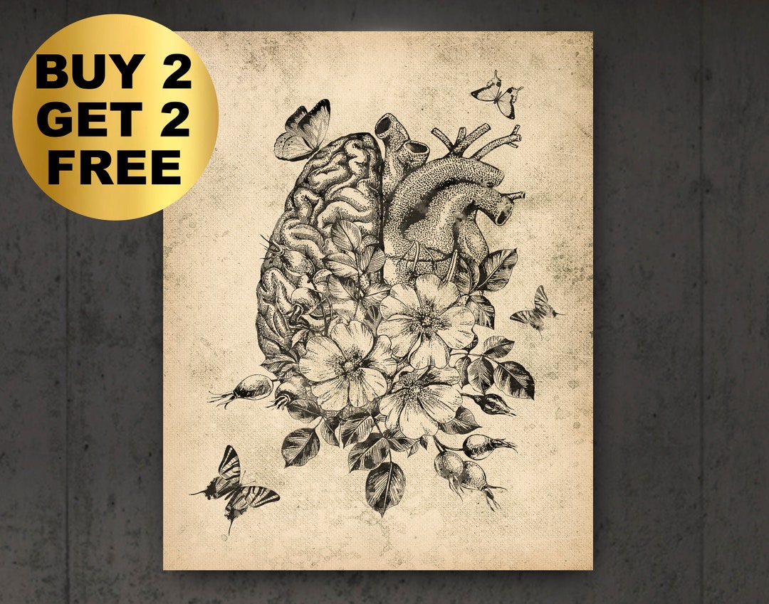 Anatomical Brain and Heart Art Vintage Anatomy and Flowers Poster ...