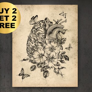 Anatomical Brain and Heart Art Vintage Anatomy and Flowers Poster Medical Decor Doctor Office Art Nurse Gift Med Student Gift Scientist Gift
