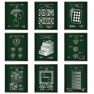 9 cartas de jogo de arte de patente de cassino, dados de patente, caixa registradora, modelo de jogo, decoração de parede, dominó, patente, arte de invenções vintage