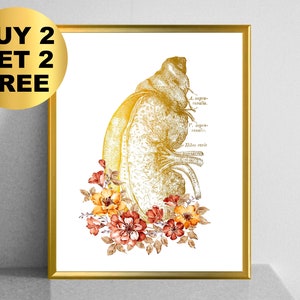 Gold Kidney and Flowers Art Anatomical Kidney and Adrenal Gland Nephrology Art Medical Decor Nephrologist Gift Surgeon Gift Clinic Art