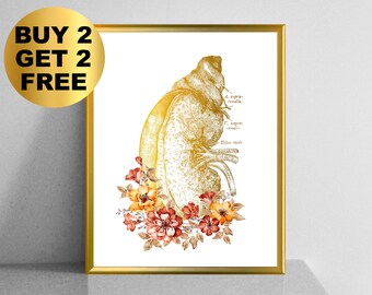Gold Kidney and Flowers Art Anatomical Kidney and Adrenal Gland Nephrology Art Medical Decor Nephrologist Gift Surgeon Gift Clinic Art