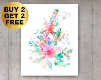 Microscope Art Pharmacist Gift Laboratory Device Watercolor Artwork Floral Medical Art Pharmacy Art Clinic Decor Nurse Gift Scientist Gift
