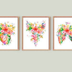 3 Doctor Graduation Gift Nurse Gift Watercolor Caduceus Art Anatomical Heart Art Lungs Art Medical Artwork Clinic Wall Decor Medical Office