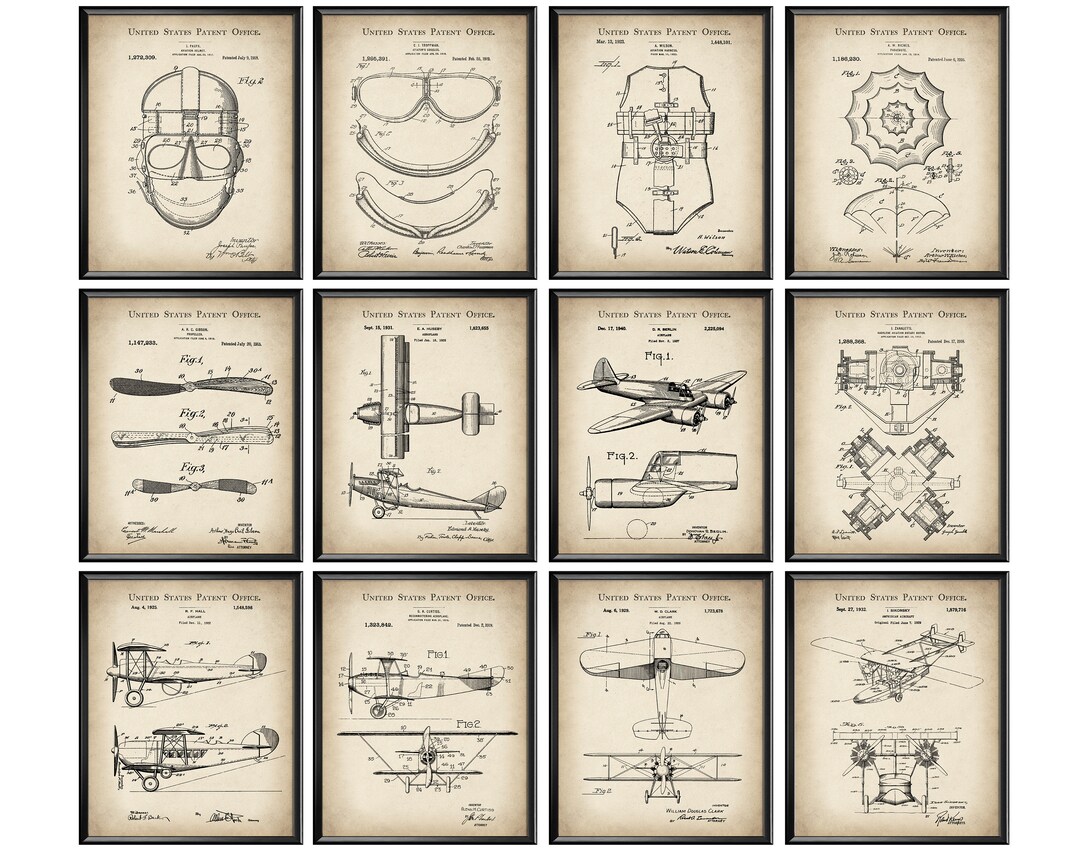 12 Vintage Aircraft Patent Posters Aviation Blueprint Pilot Gift ...