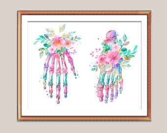 Arte floral de los huesos de la mano Arte de los huesos del pie Arte de la anatomía esquelética Arte de la osteología Arte médico Regalo del cirujano ortopédico Regalo del podólogo Arte de la clínica