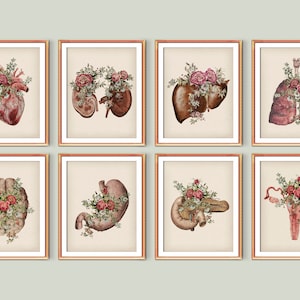 8 ilustraciones médicas Vintage acuarela anatomía y flores arte anatomía humana cartel medicina decoración corazón anatómico dibujo Doctor regalo