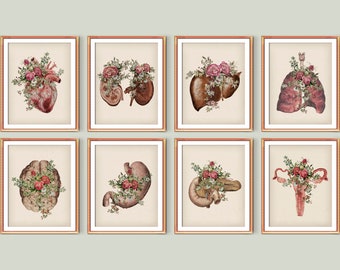 8 vintage medische illustraties aquarel anatomie en bloemen kunst menselijke anatomie poster geneeskunde decor anatomische hart tekening arts geschenk