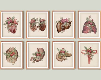 8 Vintage Medical Illustrations Watercolor Anatomy and Flowers Art Human Anatomy Poster Medicine Decor Anatomical Heart Drawing Doctor Gift