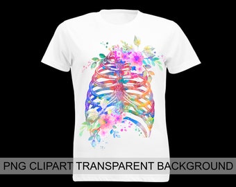 Rib Cage Clipart Skeletal Bones and Flowers Art Skeleton PNG Clipart Watercolor Anatomy Art Medical Clipart Designs Sublimation