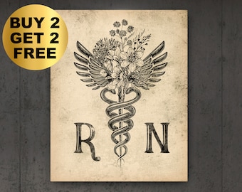 Antique Tri-Color RN Caduceus Nurse Brooch Pin - Medical Jewelry Gift For Nurses & Doctors