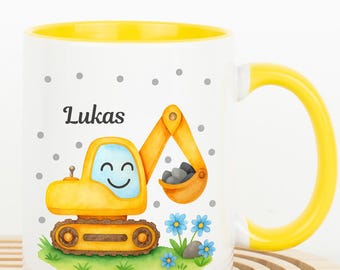 Children's cup excavator with name, name cup vehicle children boys kindergarten, children's cup gift idea birthday school enrollment boys
