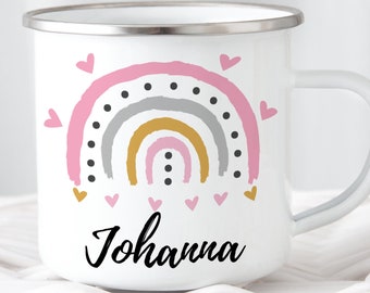 Tasse Emaille Kindertasse Regenbogen Trinkbecher Name Personalisiert Wunschname Geschenkidee Personalisierbar Aufdruck Geschenk Mädchen