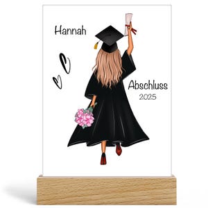 Carte de remise de diplôme personnalisée en verre acrylique avec socle en bois.