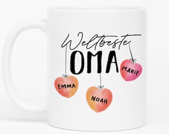 Weltbeste Oma Tasse Personalisiert mit Namen von Enkel Enkelkinder Baby Omi Geschenk Geburtstag Muttertag Kaffeetasse Beste Oma Becher