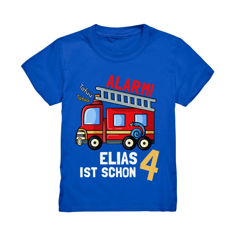 Feuerwehr Geburtstagsshirt 3. 4. 5. 6. 7. 8. Geburtstag Jungen T-Shirt mit Namen Personalisiert Auto Feuerwehrauto Motto Kindergeburtstag Royal Blau