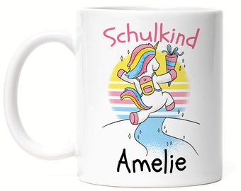 Tasse Einhorn Schulkind Einschulung Schulanfang Geschenk Trinkbecher mit Name Personalisiert Wunschname 1. Schultag Emaille Keramik Mädchen