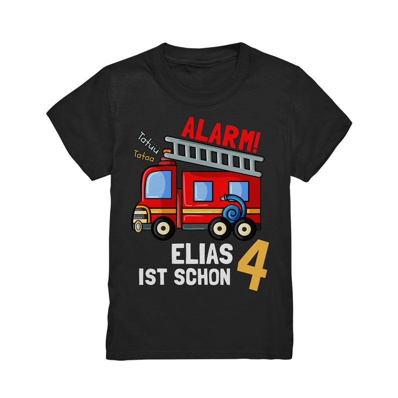 Feuerwehr Geburtstagsshirt 3. 4. 5. 6. 7. 8. Geburtstag Jungen T-Shirt mit Namen Personalisiert Auto Feuerwehrauto Motto Kindergeburtstag Schwarz