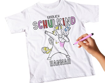 Einschulung T-Shirt Personalisiert | Endlich Schulkind 2024  Einhorn | Zum Ausmalen & Bemalen Schulanfang Einschulungsgeschenk