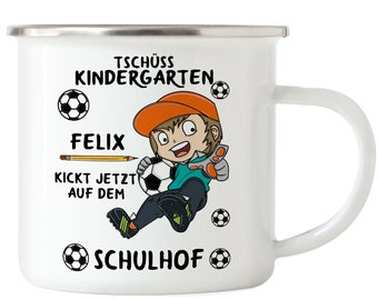 Tasse Einschulung Fußball Schulkind Kindertasse Schulanfang Geschenk Trinkbecher Name Personalisiert Wunschname Jungs Emaille oder Keramik