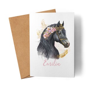 Biglietto con cavallo personalizzato per ragazze, bambini, pony, cavallo, regalo, cuscino con nome, con nome e biglietto di auguri con motivo cavallo