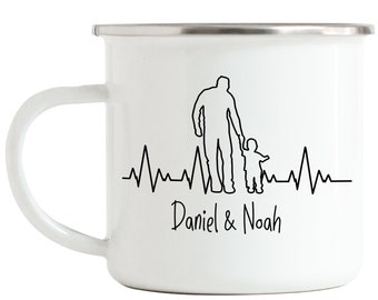 Enamel Cup Father and Son Heartbeat Heartbeat Personalized with Name of Dad & Son Father's Day Gift Idea Family Daughter Kids