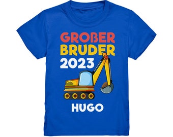 Großer Bruder 2023 T-Shirt Personalisiert Bagger Geschenk Geburt Babyparty Baby Shower Ankündigung Schwangerschaft Name Wunschname