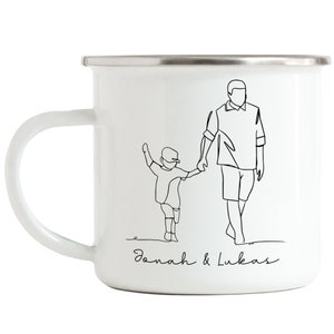 Enamel Mug Father and Daughter Son Line Art Personalized with Name of Dad & Son or Daughter Father's Day Gift Idea Family Kids