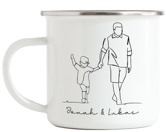 Emaille Tasse Vater und Tochter Sohn Line Art Personalisiert mit Namen von Papa & Sohn oder Tochter Vatertag Geschenk-Idee Familie Kinder