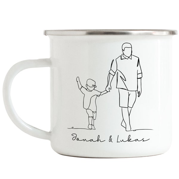 Emaille Tasse Vater und Tochter Sohn Line Art Personalisiert mit Namen von Papa & Sohn oder Tochter Vatertag Geschenk-Idee Familie Kinder