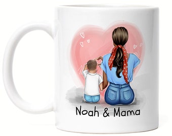 Mutter Sohn Tasse Muttertag Personalisiert Name und Frisur Mama und Sohn Geschenk Kinder Kaffeetasse für Mütter Geschenk