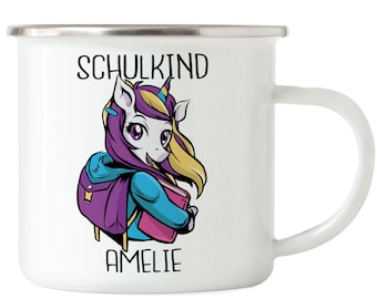 Tasse Emaille Einschulung Einhorn Mädchen Kindertasse Schulanfang Geschenk Trinkbecher Emaille Name Personalisiert Wunschname Schulkind