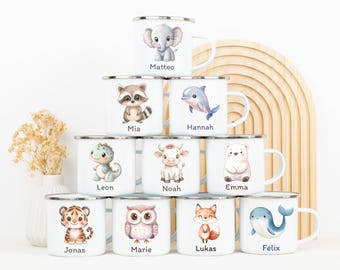 Enamel mug children personalized name animal motif, children's mug gift baby birth baptism kindergarten, mug 1st birthday girl boy