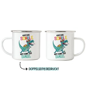 Emaille Becher „Einschulung 2025“ Mit Dinosaurier & Namen – 300 Ml, Weiß Mit Blauem Rand, Spülmaschinengeeignet