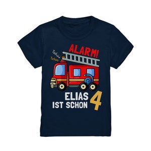 Feuerwehr Geburtstagsshirt 3. 4. 5. 6. 7. 8. Geburtstag Jungen T-Shirt mit Namen Personalisiert Auto Feuerwehrauto Motto Kindergeburtstag Navy